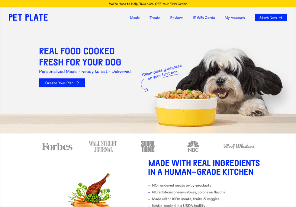 A screenshot of the Pet Plate website in 2020